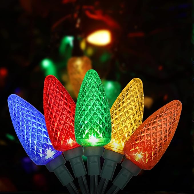 DEWENWILS C7 Christmas String Lights Outdoor, 33.3ft 50 LED Multi Color Bulb Lights, Outdoor Decorations for Christmas Tree, Patio, Garden, Yard, Porch, Green Wire, Multicolor, UL Listed