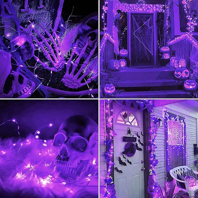 JMEXSUSS 4 Pack Purple Solar String Lights Outdoor Waterproof, 100 LED 33ft Purple Solar Fairy Lights, 8 Modes Copper Wire Christmas Light for Halloween Christmas Garden Yard Tree Decor