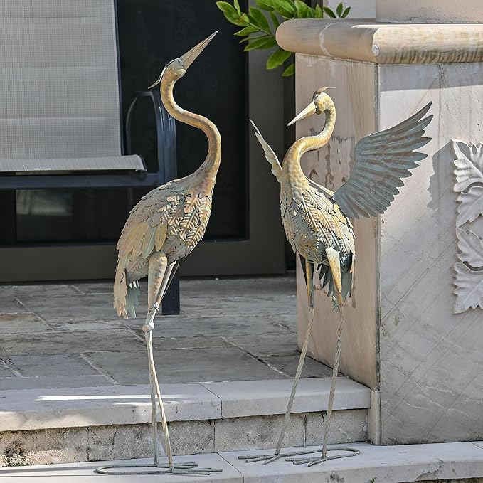 TERESA'S COLLECTIONS Yard Decorations Outdoor Garden Statues, Gold Metal Crane Yard Art, 33-39inch Lawn Ornaments for Backyard, Outside Porch, Patio, Wedding Decor, Set of 2, Christmas Decor
