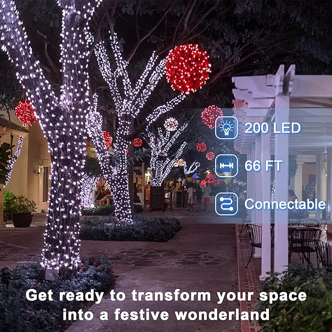 66FT Christmas Decorative Lights, Connectable 200 LED Green Wire Fairy String Lights Plug in, 8 Lighting Modes LED String Lights, for Indoor Outdoor Xmas Tree Wedding Party Decoration Cool White