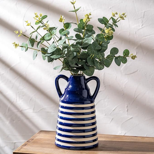 Ceramic Blue and White Checkered Stripes Vase with Handles, Modern Bohemian Floral Navy Blue Vases for Centerpieces, Cottage Core Home Decor, Flower Vases for Bouquet Tabletop Kitchen Bookshelf 8.9 In