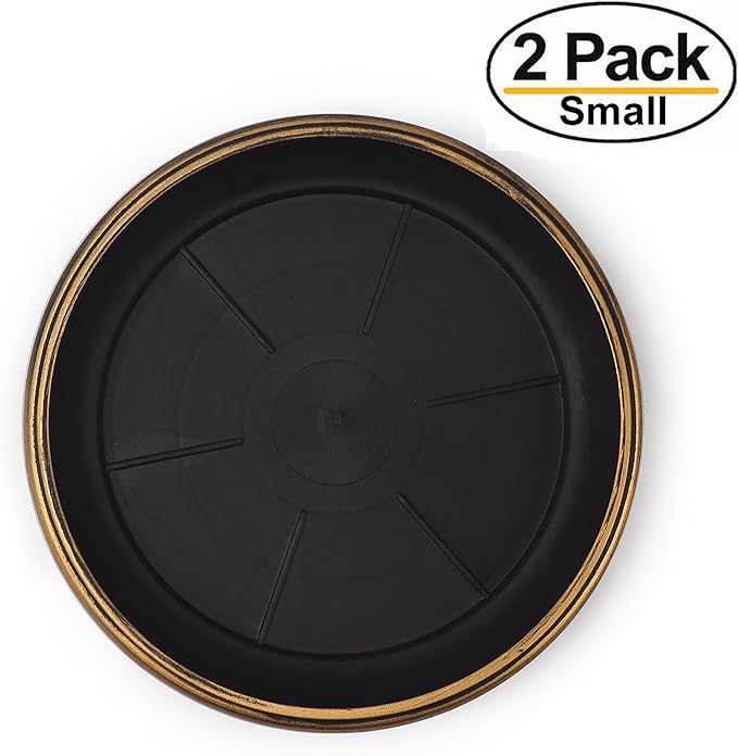 7" Decorative Heavy Duty Tray/Saucer (2 Pack) Rustic Medieval/French Country Look, Pot/Planter Base for Indoor/Outdoor Decor (7 inches, Gold)