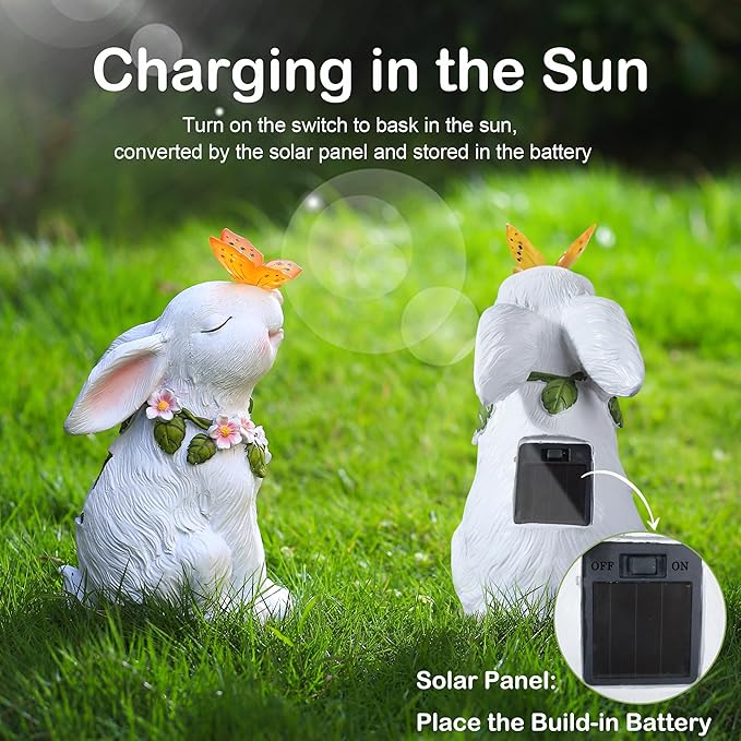 Attivolife Garden Solar Outdoor Statues Bunny Light, Patio Decor Easter Rabbit with Butterfly Ornament for Lawn Balcony Yard Art Decoration, for Mom Grandma