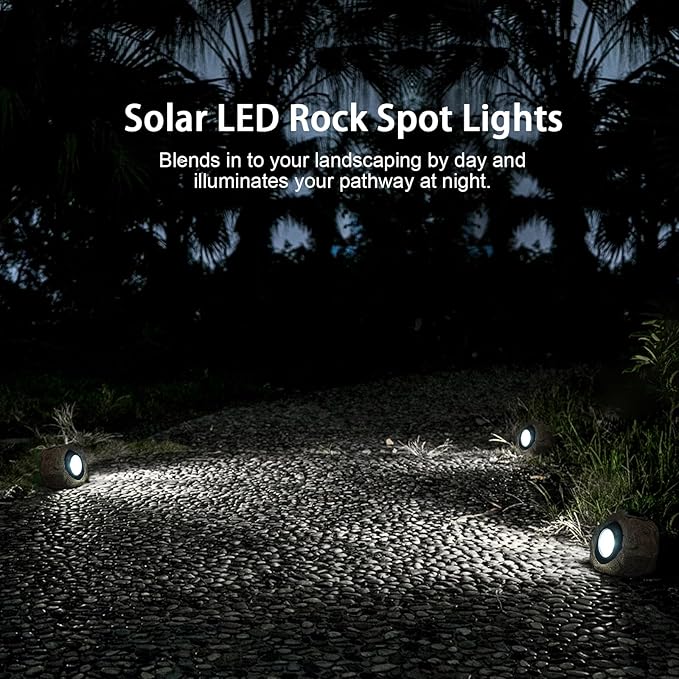 Solar Rock Lights, 4 Pack Solar Powered Waterproof LED Spotlights Decorative for Outdoor Garden, Pathway, Walkway, Yard, Landscape, Patio (Cool White)