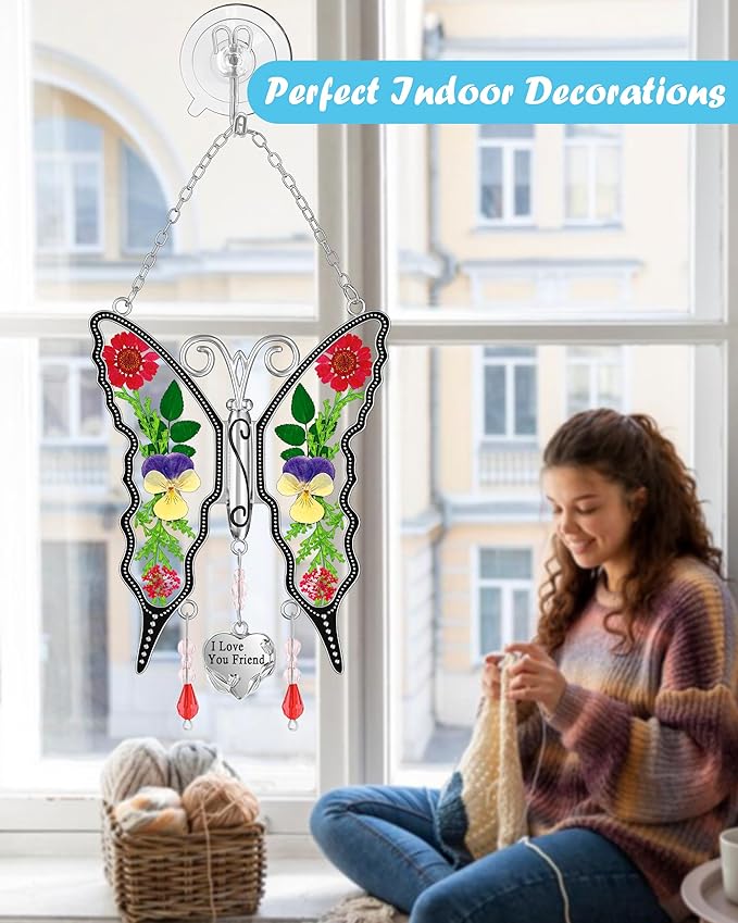 KY&BOSAM Butterfly Suncatcher I Love You Friend Gift Stain Glass Sun Catcher for Window Hanging Wind Chime with Pressed Flower Wings in Glass and Heart Charm Birthday Gift for Mother`s Day Christmas