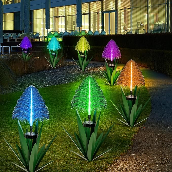 Metal Outdoor Decoration Gift Christmas Decorations Outdoor Metal Agave Yard Art Garden Lights Solar Outdoor, 7 Color Changing Garden Yard Pathway Xmas Decor Waterproof (2 pcs Green)