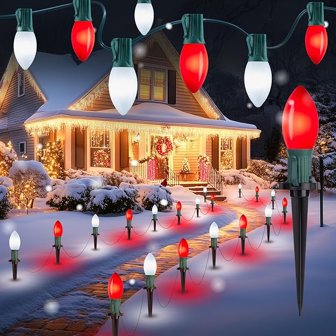 Brightown Frosted C9 LED Christmas Lights Outdoor, 32Ft Christmas Pathway Lights with 25 LED Bulbs and Stakes, Christmas Decorations Outside Driveway Walkway Sidewalk, Red and White