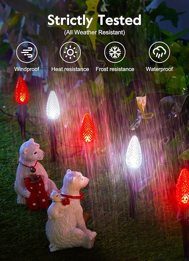 C9 LED Christmas Lights Outdoor with Stakes, 25.7 Feet 20 LED C9 Strawberry String Lights, Connectable Shatterproof Pathway Lights Marker for Path, Lane, Patio, Xmas Holiday Decorations, Red and White