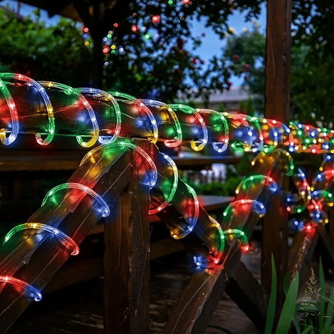 Solar Rope Lights, 2 Packs 66ft 200LED Solar String Lights, 8 Modes Waterproof Solar Powered Outdoor Light, Flexible Clear Tube Light for Garden Backyard Patio Deck Pool Tree Decorations- Multicolor