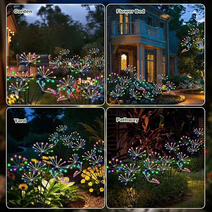 Kwaiffeo 4 Pack Solar-Powered Firework Fairy Lights, Solar Light Outdoor Waterproof Christmas & Garden Decor for Pathway/Patio/Yard - Gardening Gifts for Women (Multicolor)