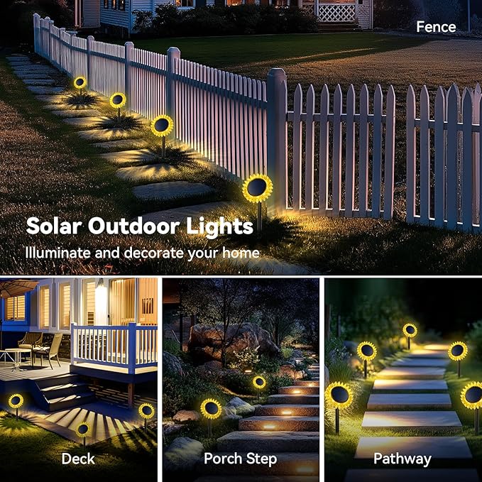 Outdoor Solar Lights, 4 Pack Led Solar Sunflower Lights, Stake/Wall 2-in-1 Waterproof Solar Garden Lights for Yard, Landscape, Fence, Patio, Driveway, Pathway, Backyard Decoration (Warm White)