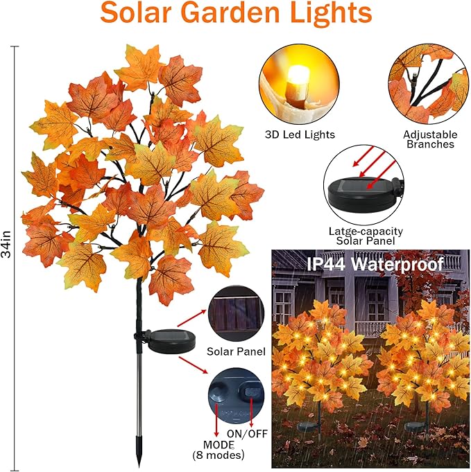 TORONTOKYO 2 Pack Fall Solar Outdoor Lights, Fall Decor 40 LED Maple Leaves Solar Stake Light with 8 Modes, Waterproof Fall Garden Lights Thanksgiving Decorations for Autumn Yard Pathway Outside