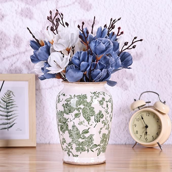 Vintage Vase for Flowers,Green Chinoiserie Ceramic Vase,Rustic Farmhouse Cracked Vases,for Flower Arrangement,Living Room, Office, Shelf, Fireplace Tables,Centerpieces,Chinoiserie Pottery Decor(B)