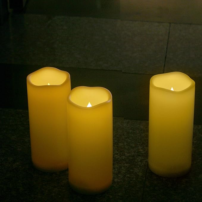 CANDLE CHOICE Waterproof Outdoor Battery Operated Flameless Candles Remote Timer White Tall Plastic Fake Realistic Flickering Electric LED Pillars for Lantern Wedding Christmas Decorations 3”x7” 3PCS