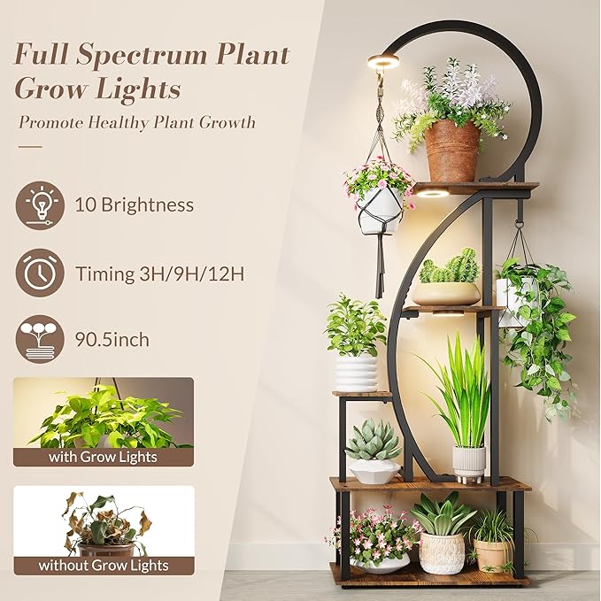Indoor Plant Stand with Grow Lights, Half-Heart Shape Metal Shelf with Multiple Wood Boards and Hooks for Hanging & Potted Plants, Tall LED Display Rack for Living Room, Balcony Décor