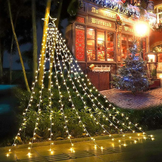 cerflyer (New) Christmas Decoration, String Lights with 12/'' Iron Star Tree Topper, 320 LED 8 Modes Waterproof Indoor Outdoor for Home, Christmas, Holiday - Warm White, YLS1000WD01