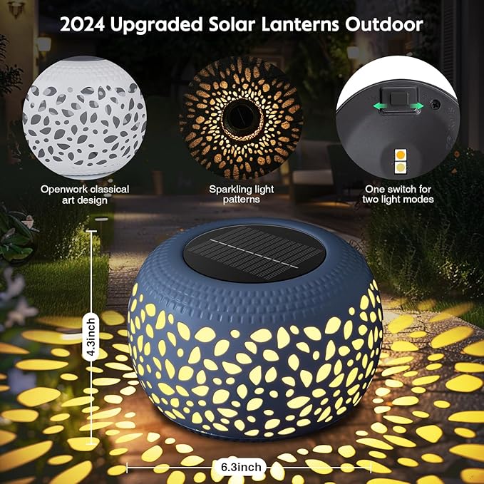 Solar Lanterns Outdoor Waterproof: 2 Pack White Hollow Out Metal Solar Lights - 2 Lighting Colors Outside Garden Yard Porch Indoor Tabletop Retro Decorations - Unique Gifts for Women Mom Wife