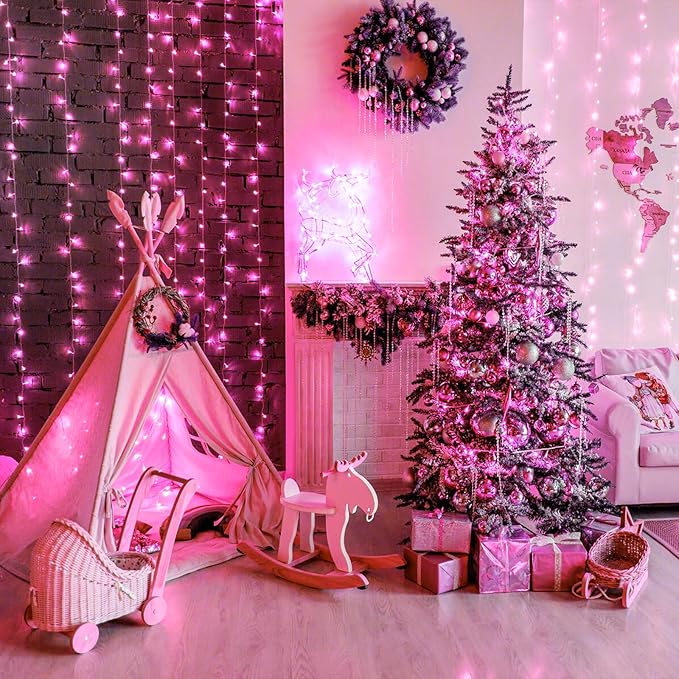 500 LED Pink String Lights, 165ft Pink Christmas Lights Outdoor Waterproof 8 Modes Clear Wire, Plug in Twinkle Fairy Lights for Bedroom Indoor Wedding Christmas Decorations