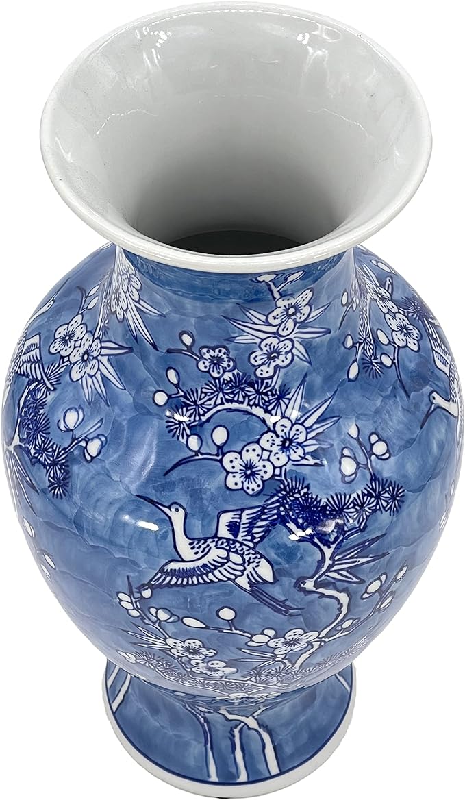 Galt International White & Blue Floral Crane Chinoiserie Ceramic Vase 14" - Hand Painted Antique Style Porcelain Bird & Flower Bottle Fishtail Porcelain Chinese Vase for Home Decor Centerpiece