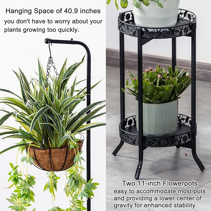 COPREE 2-tier Hanging Plant Stand, Space-Saving Iron Planter Shelves Flower Pot Organizer Rack Multiple Flower Pot Display Holder Shelf Indoor Outdoor Heavy Duty Planter Shelving Unit
