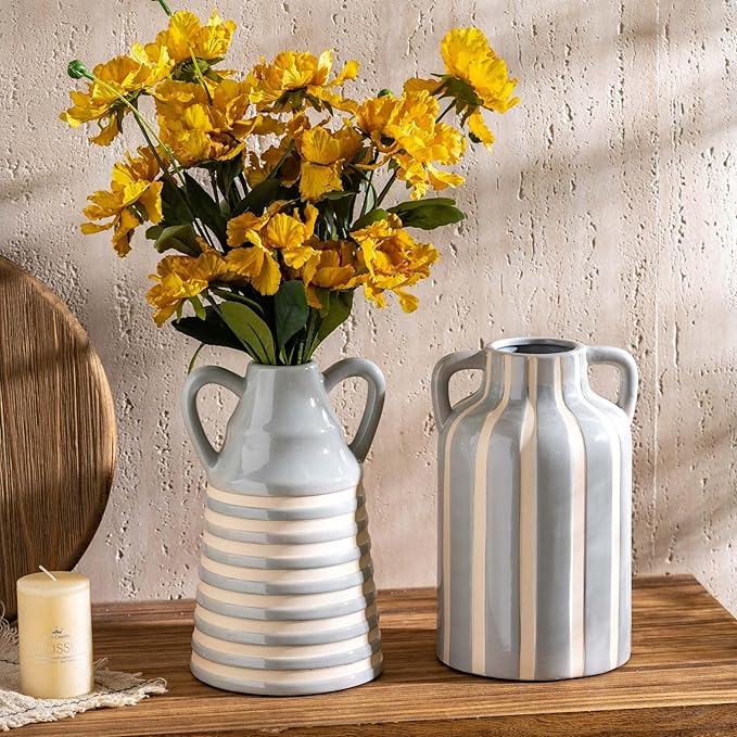 Ceramic Grey and White Checkered Stripes Vase with Handles, Hand-Painted Modern Bohemian Floral Vases Home Decor, Cottage Core Decor, Flower Vases for Bouquet Tabletop Bedroom Office Bookshelf 8.9 in