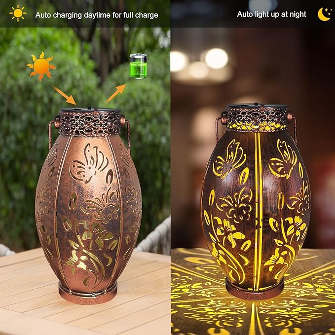 Butterfly Lantern 2 Pack Solar Lanterns Outdoor Hanging Solar Lights, Upgraded Metal Garden Lanterns - Waterproof LED Decorative Light for Garden Patio Yard Gifts for Mom Grandma Women