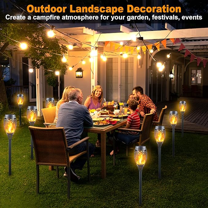Mini Solar Tiki Torches with Flickering Flame Effect - 12LED Torch Lights Outdoor Waterproof, Perfect for Festival Decorations, Yard, Garden, Patio & Pathway Landscape Lighting (Set of 8)