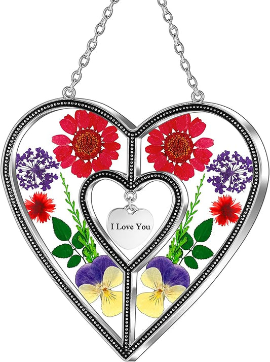 KY&BOSAM Heart Suncatchers I Love You Stained Glass Hangings for Windows Suncatcher Birthday Gifts for Women Mothers Valentine`s Day Real Flower Glass & Metal Maker for Christmas Party Home Decor