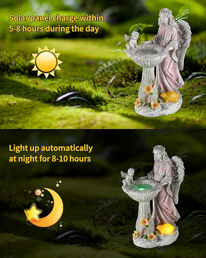 iStatue Solar Angel with Mushroom Bird Bath Statue - 9.5'' Garden Decor for Outside Clearance, Color-Changing Lights Lawn Ornaments Baby Turtle Figurine for Yard Patio Balcony (Angel)
