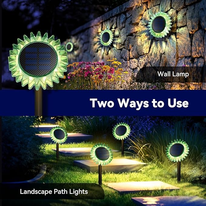 Hogni 6PK Solar Garden Lights, Ground Stake/Hang 2 in 1 Solar Sunflowers Outdoor Waterproof IP67, Outdoor Decor for Pathway Walkway Landscape Backyard Fence Decoration