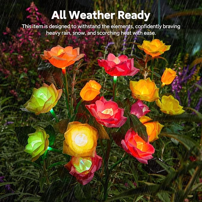 RECHOO Solar Garden Lights Outdoor Decorative, 3 Pack Solar Flower Lights with 15 Rose Flowers, Multi-Color Changing LED Waterproof Garden Decor for Patio Yard Pathway Decoration
