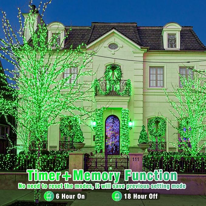 500 LED Green Christmas Lights Outdoor, 165ft Green String Lights Indoor Clear Wire 8 Modes Waterproof Plug in Green Twinkle Fairy Lights with Timer Memory for Room Tree Party Decorations