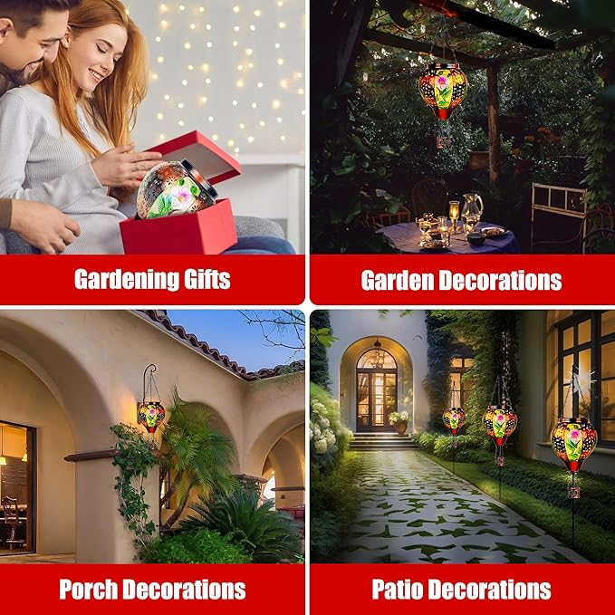 2 Pcs Hummingbird Solar Hot Air Balloon Lantern with Flame, Hot Air Balloon Decorations for Yard Porch Decor, Glass Large Hanging Outdoor Decor, Solar Lantern Waterproof, Hummingbird Gardening Gifts