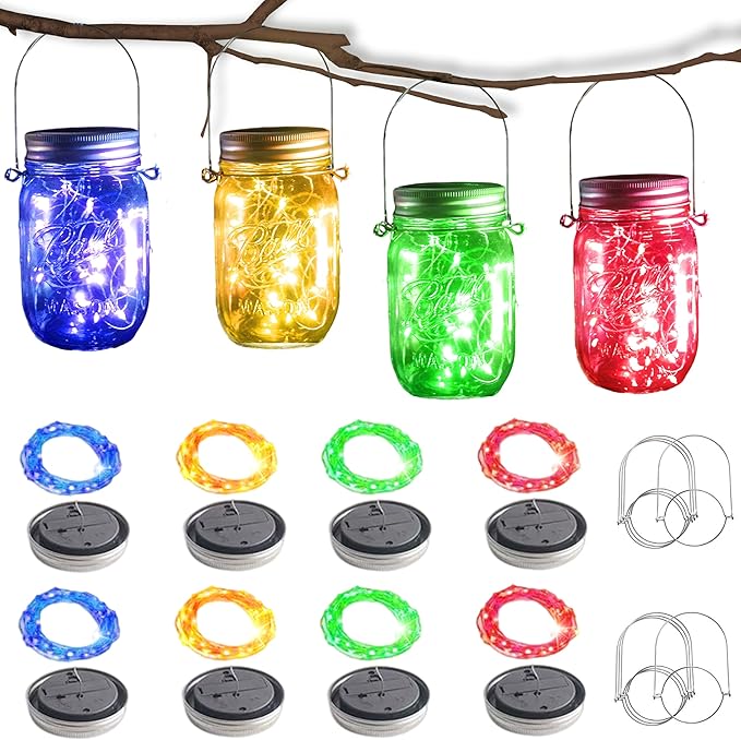 Solar Mason Jar Lights [Updated], 8 Pack 20 LED Waterproof Fairy Firefly Jar Lids String Lights with Hangers(NO Jars), Patio Yard Garden Wedding Decoration - Multi-Colored