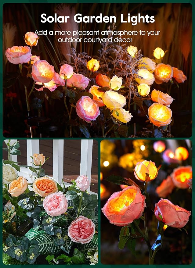 Brightown Solar Garden Lights - 4 Pack Solar Flowers Lights with Larger & More Realistic Austin Rose, Bigger Solar Panel, Solar Lights for Outside Waterproof for Yard Patio Garden Decoration