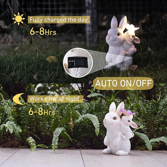 Garden Outdoor Statues Rabbit with Solar Lights,Mother&Baby Bunny Figurine with Solar Butterfly Changing Lights for Yard Art Garden&Patio Decor,Unique Easter&Birthday Gifts for Women Mom Grandma