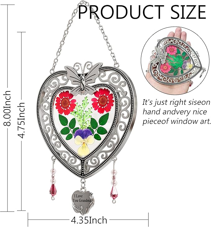 KY&BOSAM Tree of Life Heart Suncatcher I Love You Grandma Butterfly Hangings for Windows Suncatcher with Pressed Real Flower Heart and Charm Birthday Gifts for Women Mothers Day Christmas Ornament