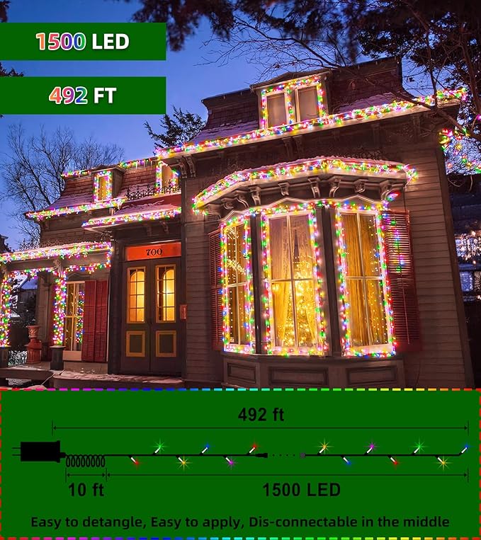 1500 LED Chrstmas String Lights, 492FT Super Long Christmas Lights with 8 Modes, Christmas Tree Lights with Timer Memory for Indoor Outdoor Tree Fence Garden Xmas Wedding Party Decor Multicolor