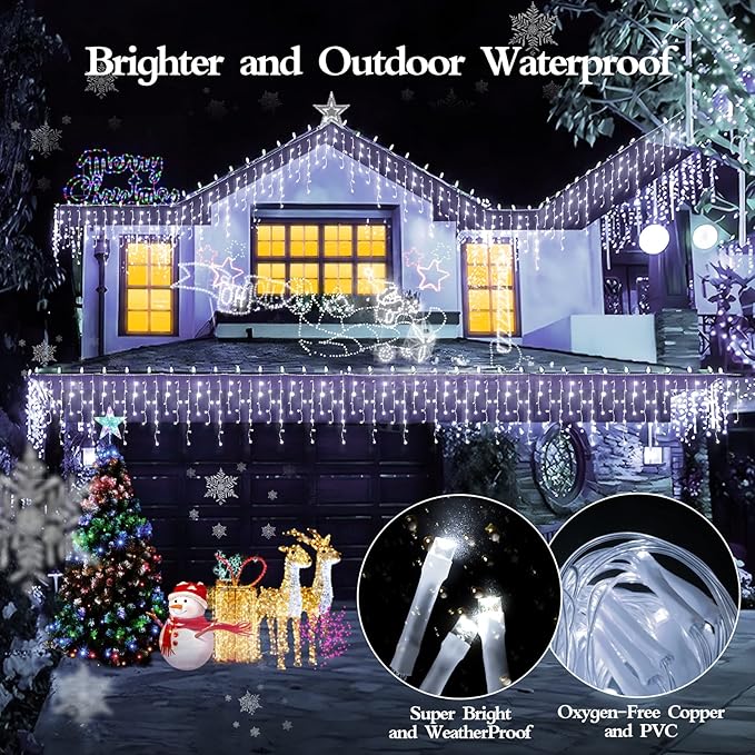 480 LED 49FT Christmas Lights Plug in 8 Modes with Timer Dimmable Christmas Decorations Outdoor Waterproof Indoor Curtain String Lights for Roof Porch Garden Holiday Wedding Party Decor Cool White
