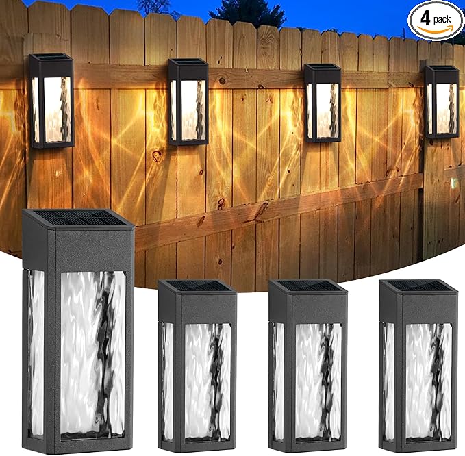 Metal Solar Lights Outdoor, 4 Pack Textured Glass Solar Fence Lights, Solar Wall Lights Outdoor Waterproof, Fence Lights Solar Powered for Yard Porch Patio Garden Decor (Warm/Color Changing)