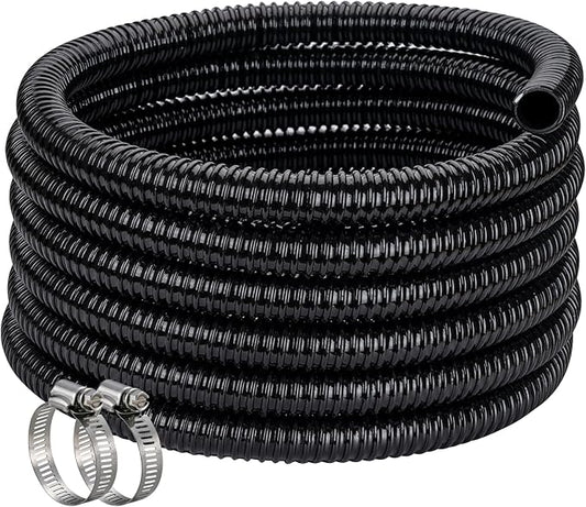 Pond Hose ID 2” × 25ft Black Corrugated Flexible Reinforced PVC Hose Vinyl Tubing for Pond Pump Fountain Garden Waterfall, Non-toxic & Kinkproof, with 2 clamps