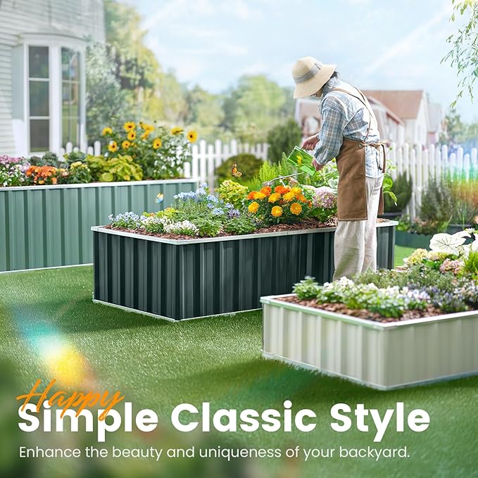 KING BIRD Raised Garden Bed 101" x 36" x 12" 4 Installation Methods for DIY Galvanized Steel Metal Planter Kit Box with 2 Pairs of Gloves (Green)
