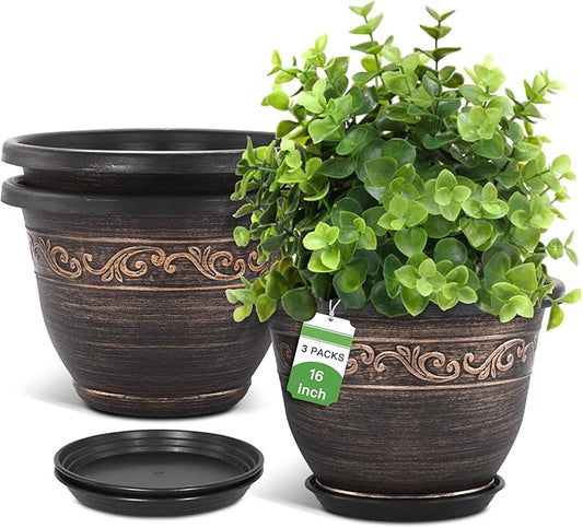 Plastic-Plant-Flower-Planters-16 Inch with Drainage Hole & Saucer, 3 Packs Lightweight Small Resin Flower Pot Indoor Outdoor, Retro Antique Imitation Decorative Garden Containers Sets for Houseplants