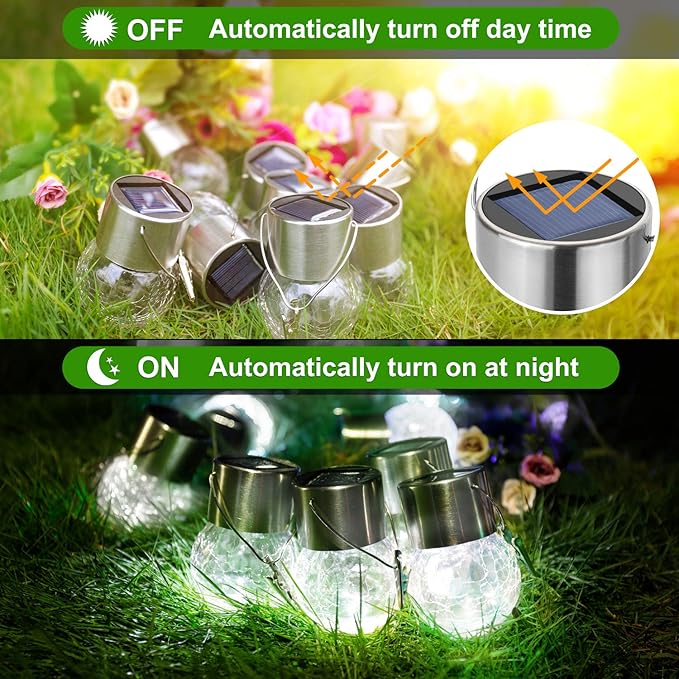 MAXvolador 12-Pack Hanging Solar Lights, Decorative Cracked Glass Ball Light, Solar Powered Waterproof Globe Lighting for Garden, Tree(Cool White)