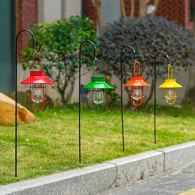 Solar Lights Lantern Lamp with Shepherd Hook, Solar Metal lanterns, outdoor lights decor, Water resistant Edison Bulb Lights for Garden ,outside decor for pathways,patio, lawn, or landscaping (Yellow)