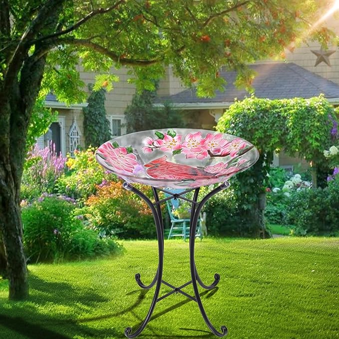 VCUTEKA Bird Baths for Outdoors, Glass Bird Bath with Metal Standing for Garden, Yards Patio Décor, Bird Lovers Gift, Cardinal Glass Birdbath Detachable (22" H * 18" W)