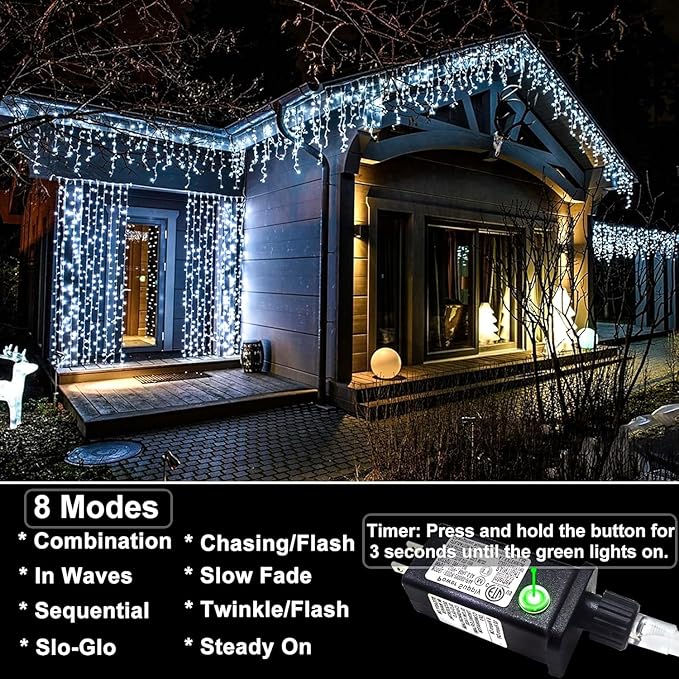99ft Icicle Lights for Outside, White Christmas Lights Outdoor Indoor, 1216 LED Twinkle String Light with 228 Drops Short Curtain Lights for Thanksgiving Room Home Wall Bedroom Window Tree Decorations