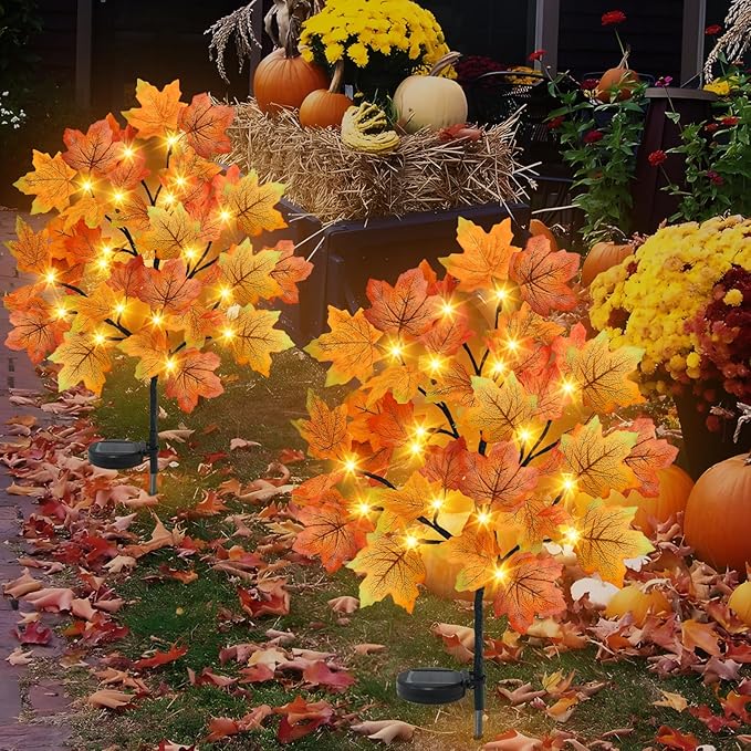TORONTOKYO 2 Pack Fall Solar Outdoor Lights, Fall Decor 40 LED Maple Leaves Solar Stake Light with 8 Modes, Waterproof Fall Garden Lights Thanksgiving Decorations for Autumn Yard Pathway Outside