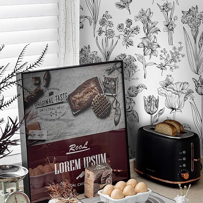 Dimoon 78.7"x17.3" Floral Peel and Stick Wallpaper White Contact Paper Waterproof Black Lines Wallpaper Vintage Flower Thicken Plant Self Adhesive Removable Wall Covering Shelf Liner Decal Vinyl Roll