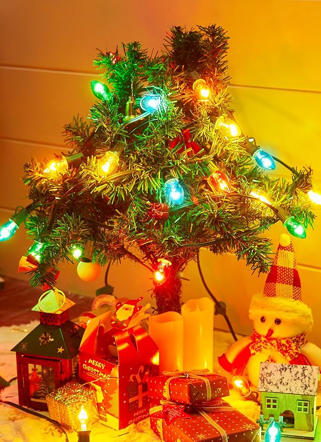 C7 Multicolor Christmas String Lights - 100ft Vintage Christmas Tree Lights, Outdoor Roofline String Lights with 100+4 Spare Bulbs for Patio Garden Holiday Indoor Home Xmas Decoration, Green Wire